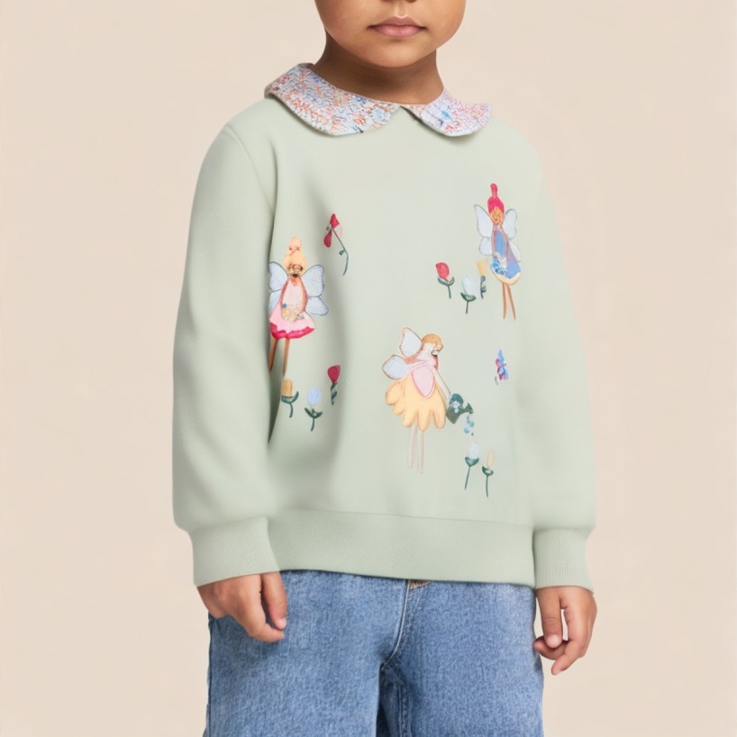 Green floral print collared sweatshirt for girls