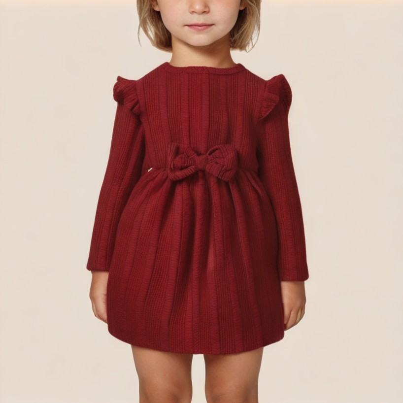 Red round neck knitted dress for girls