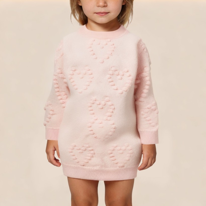 Pink heart-patterned knitted dress for girls