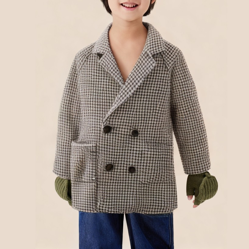 Houndstooth double-breasted long coat for boys