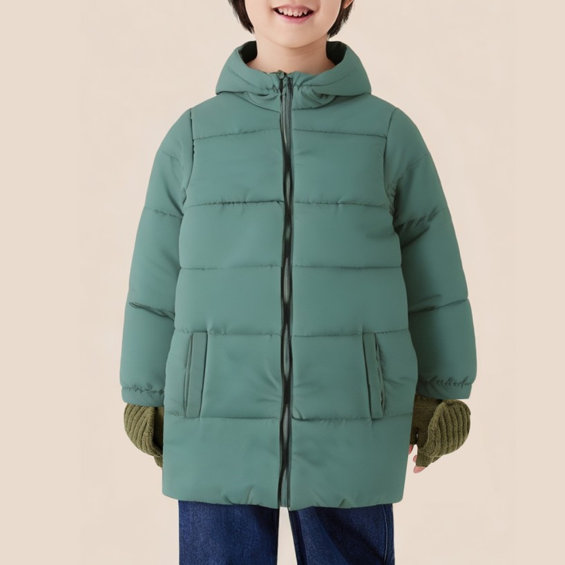 Green warm hooded long coat for boys