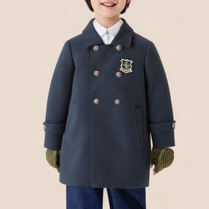 School-style double-breasted long coat for boys