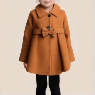 Brown bow-detailed thickened girls' coat
