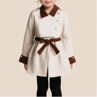 Color-blocked lapel elastic waist girls' coat
