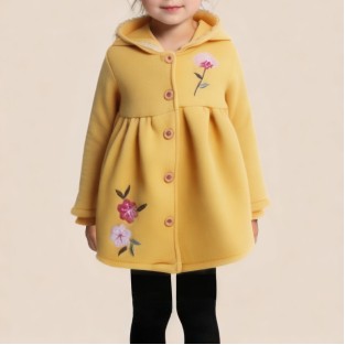 Yellow floral embroidered hooded girls' coat