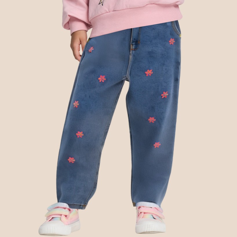 Girls' denim pants with floral embroidery